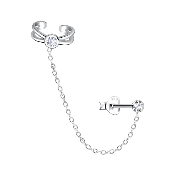 Wholesale 3mm Crystal Sterling Silver Ear Studs and Cross Ear Cuff with Chain - JD20934