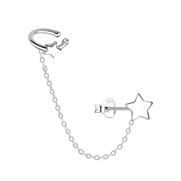 Wholesale Sterling Silver Star Ear Studs and Ear Cuff with Chain - JD20935