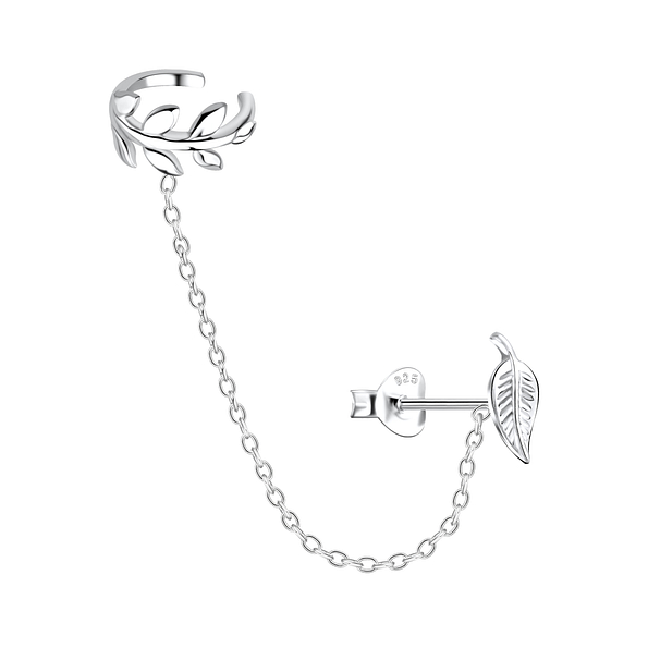 Wholesale Sterling Silver Leaf Ear Studs and Ear Cuff with Chain - JD20938