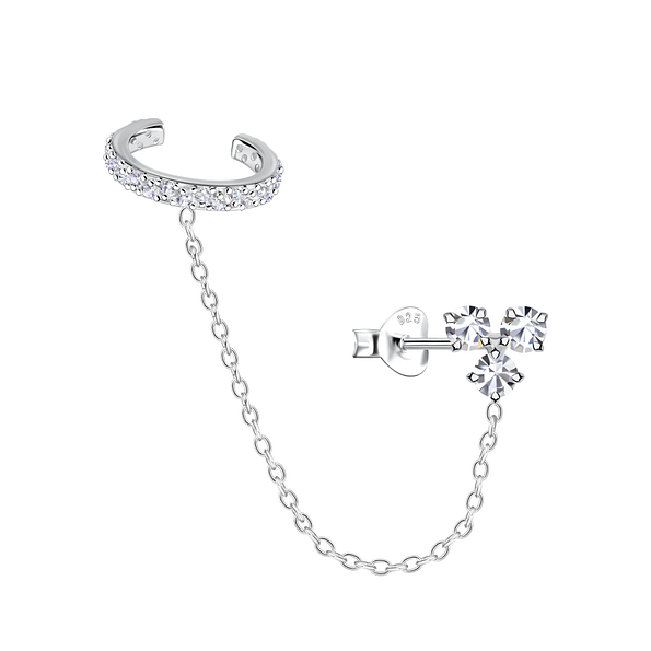 Wholesale Sterling Silver Three Stones Ear Studs and Eternity Ear Cuff with Chain - JD20943