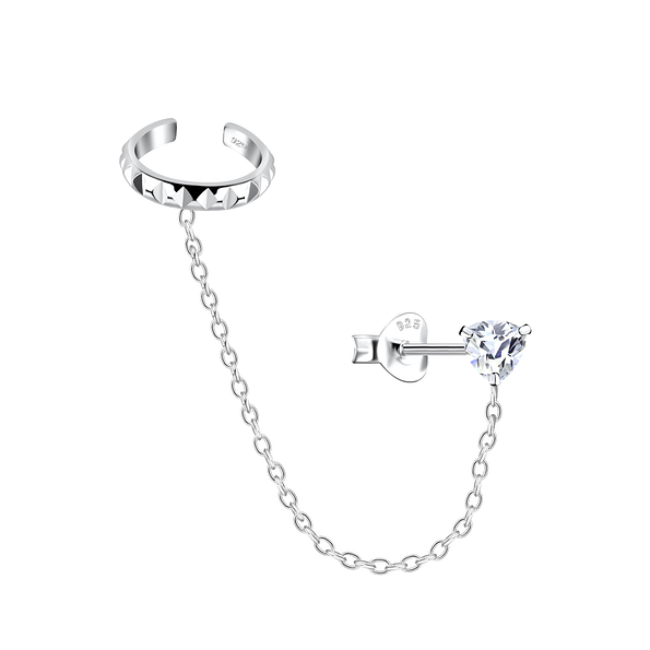 Wholesale 4mm Trillion Cubic Zirconia Sterling Silver Ear Studs and Patterned Ear Cuff with Chain - JD20944
