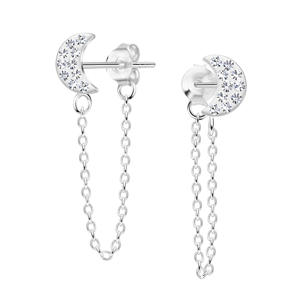 Wholesale Sterling Silver Half Moon Crystal Ear Studs With Chain - JD10307