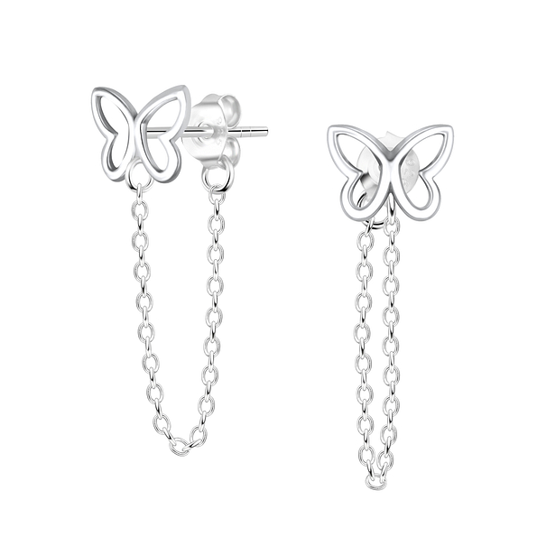 Wholesale Sterling Silver Butterfly Ear Studs with Chain - JD10302