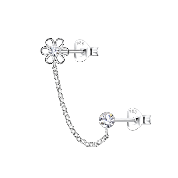 Wholesale Sterling Silver Flower Double Ear Studs with Chain - JD22455