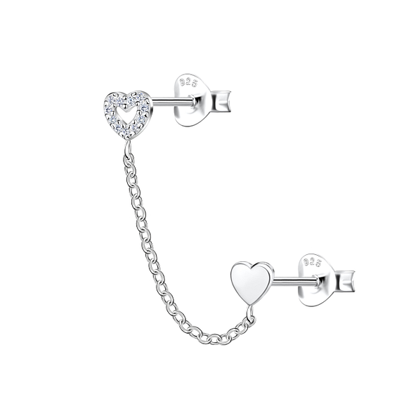 Wholesale Sterling Silver Heart Double Ear Studs with Chain - JD22456
