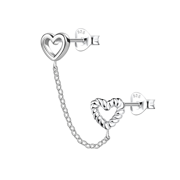 Wholesale Sterling Silver Heart Double Ear Studs with Chain - JD22457