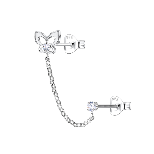 Wholesale Sterling Silver Butterfly Double Ear Studs with Chain - JD22459