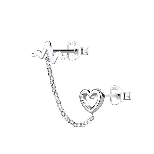 Wholesale Sterling Silver Heart Double Ear Studs with Chain - JD22460