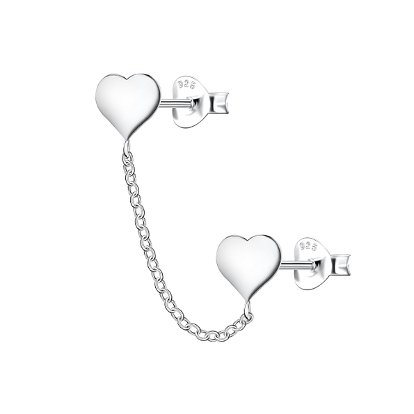 Wholesale Sterling Silver Heart Double Ear Studs with Chain - JD22463