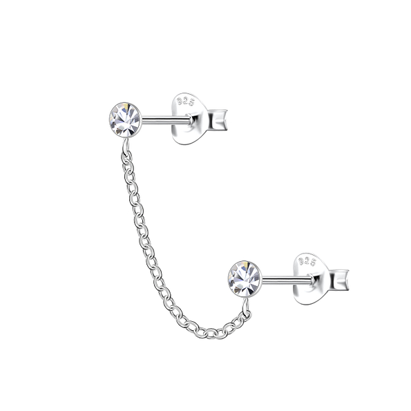 Wholesale Sterling Silver Round Double Ear Studs with Chain - JD22468