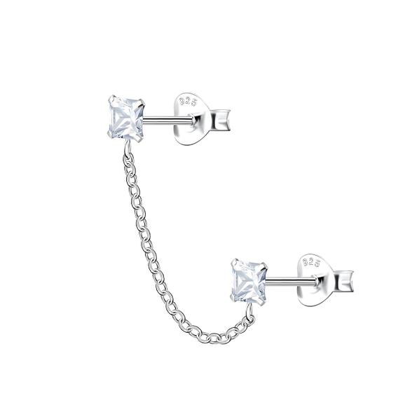 Wholesale Sterling Silver Square Double Ear Studs with Chain - JD22472