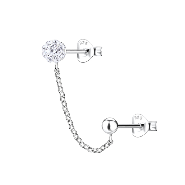 Wholesale Sterling Silver Round Double Ear Studs with Chain - JD22474