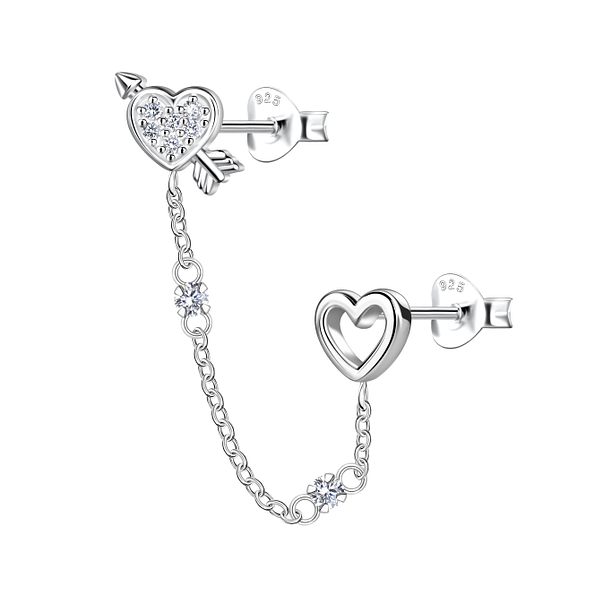 Wholesale Sterling Silver Heart Double Ear Studs with Chain - JD22476