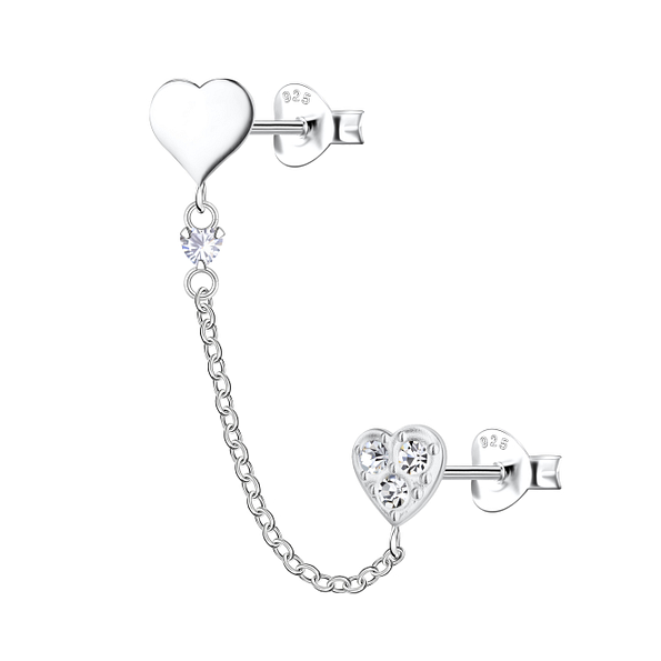 Wholesale Sterling Silver Heart Double Ear Studs with Chain - JD22478