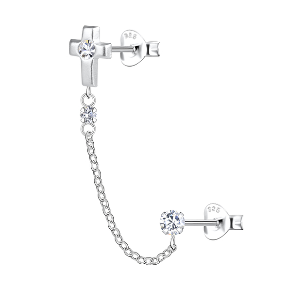 Wholesale Sterling Silver Cross Double Ear Studs with Chain - JD22481