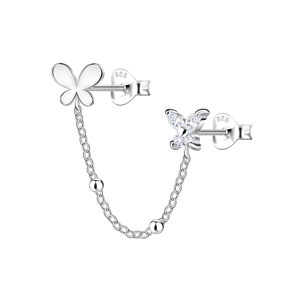 Wholesale Sterling Silver Butterfly Double Ear Studs with Chain - JD22483