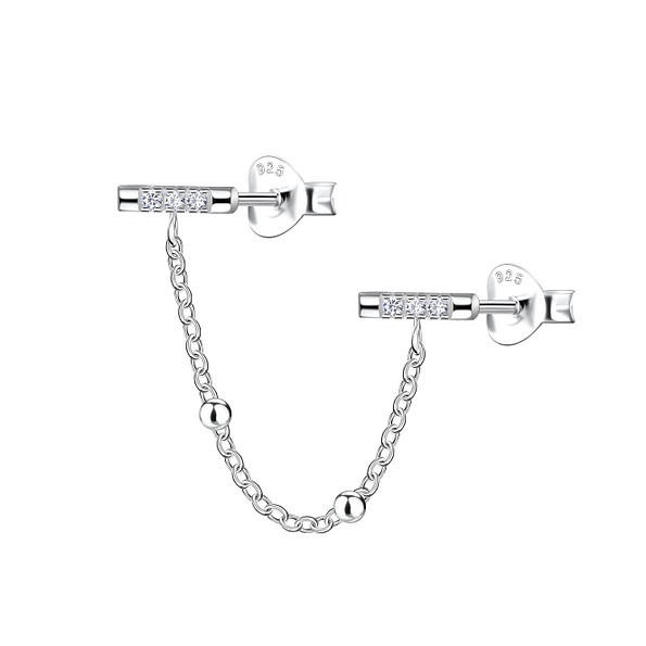 Wholesale Sterling Silver Bar Double Ear Studs with Chain - JD22488