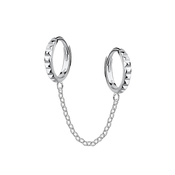 Wholesale Sterling Silver Double Patterned Huggie Earrings with Chain - JD22567