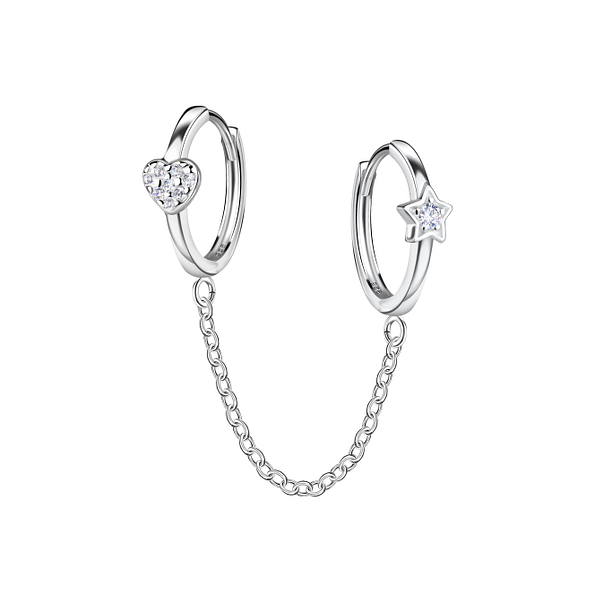 Wholesale Sterling Silver Heart and Star Double Huggie Earrings with Chain - JD22577