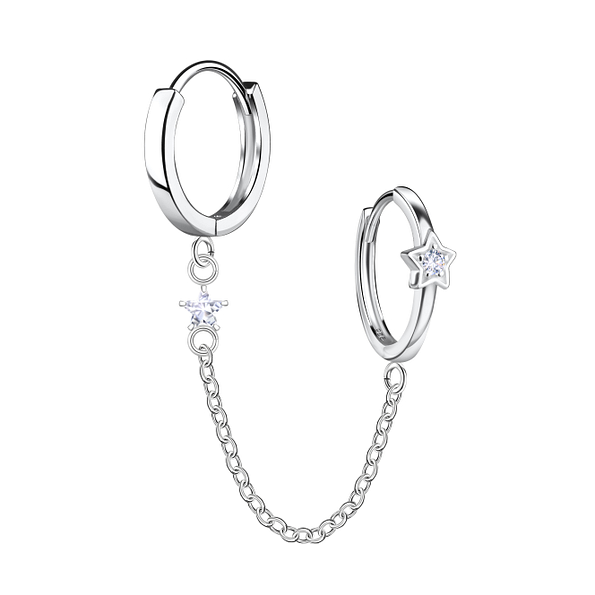 Wholesale Sterling Silver Star Double Huggie Earrings with Chain - JD22580