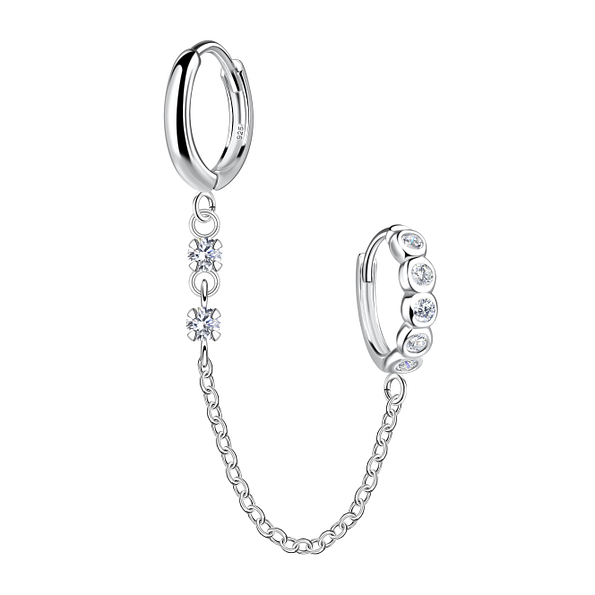 Wholesale Sterling Silver Double Huggie Earrings with Chain - JD22585