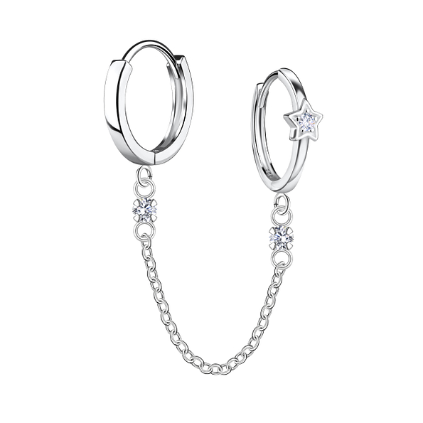 Wholesale Sterling Silver Star Double Huggie Earrings with Chain - JD22586