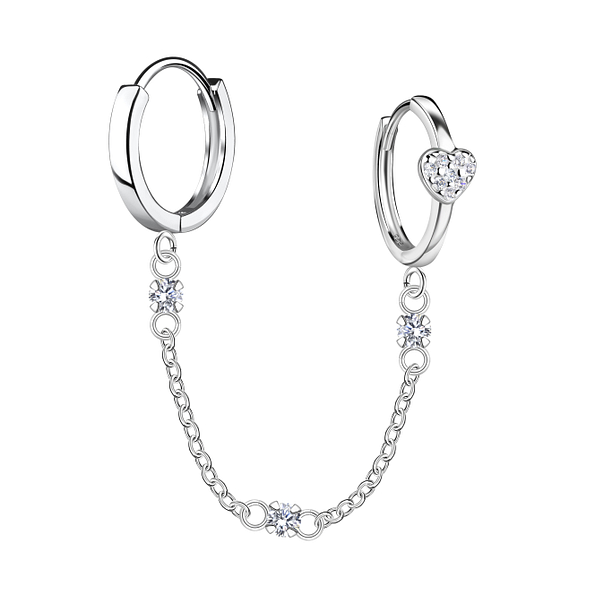 Wholesale Sterling Silver Heart Double Huggie Earrings with Chain - JD22589