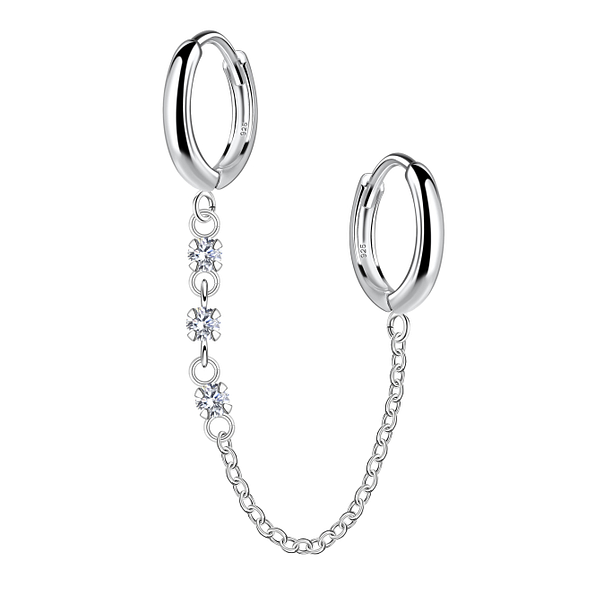 Wholesale Sterling Silver Double Huggie Earrings with Chain - JD22591