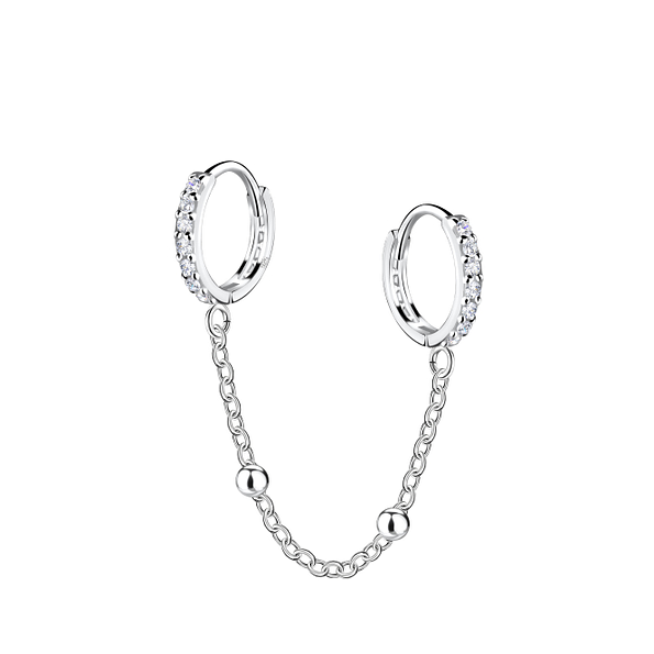 Wholesale Sterling Silver Double Huggie Earrings with Chain - JD22598