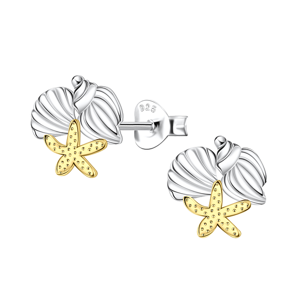 Wholesale Sterling Silver Starfish and Shell Ear Studs - JD24357