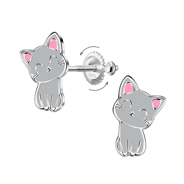 Wholesale Sterling Silver Cat Screw Back Ear Studs - JD24026