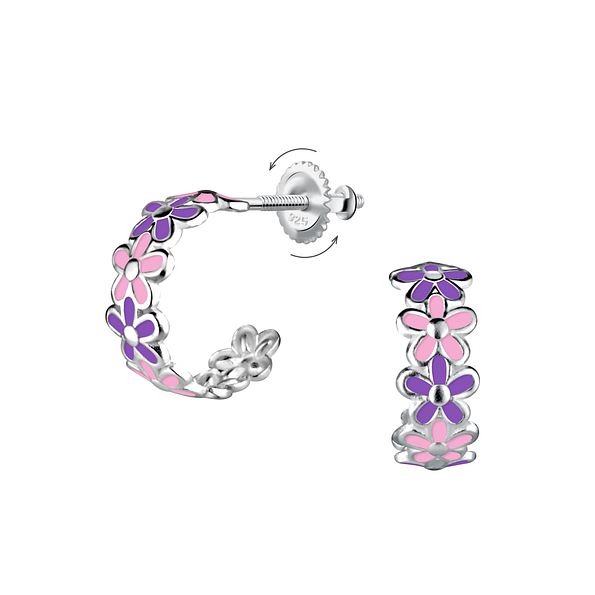 Wholesale Sterling Silver Flower Half Hoop Screw Back Ear Studs - JD24030