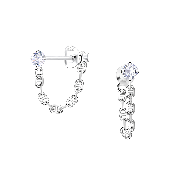 Wholesale Sterling Silver Single Stone Ear Studs with Chain - JD25423