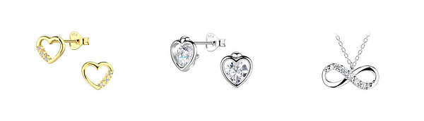 Sterling silver heart stud earrings in both polished silver and 14k gold plated finishes with cubic zirconia accents, alongside a delicate infinity pendant necklace, part of a Valentine’s Day jewellery range designed and produced by SilverJD UK for wholesale jewellery retailers.