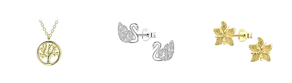 Spring-themed jewellery collection with a gold plated tree of life necklace, sterling silver swan stud earrings with cubic zirconia details, and textured flower stud earrings, exclusively created by SilverJD UK for jewellery Businesses.
