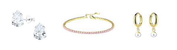 Winter jewellery styles including pear-shaped cubic zirconia stud earrings, a delicate pink stone tennis bracelet, and gold plated hoop earrings with pearl drops, part of a seasonal jewellery collection designed and produced by SilverJD UK for wholesale retailers.