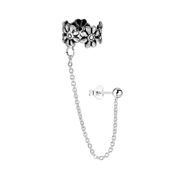 Wholesale Sterling Silver Ball Stud Earring and Flower Ear Cuff with Chain - JD3212
