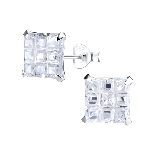 Wholesale 8mm Square Checkerboard Cubic Zirconia Sterling Silver Ear Studs - JD5415