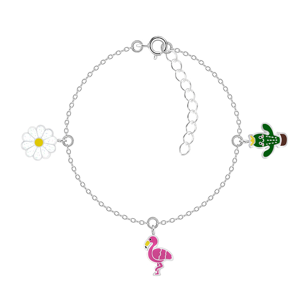 Wholesale Sterling Silver Flower Flamingo and Cactus Bracelet - JD7933