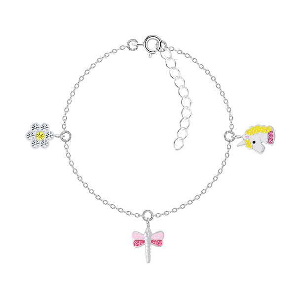 Wholesale Sterling Silver Flower Dragonfly and Unicorn Bracelet - JD7925