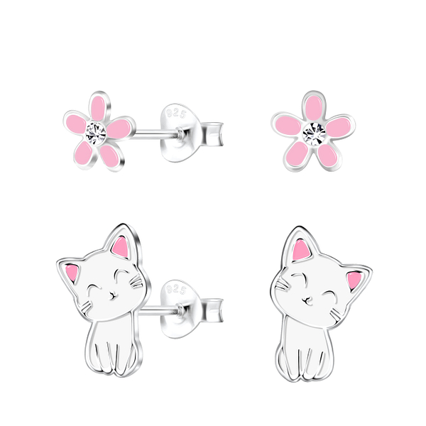 Wholesale Sterling Silver Cat and Flower Ear Studs Set - JD8672