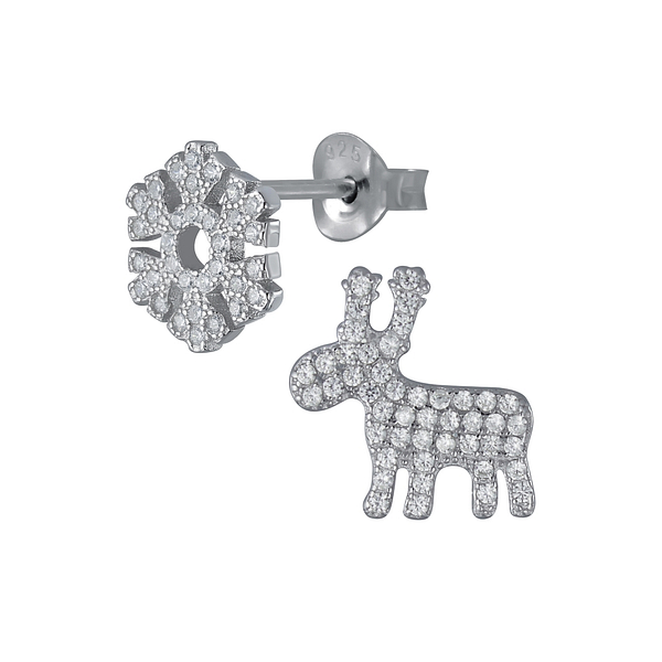 Wholesale Sterling Silver Reindeer and Snowflake Ear Studs - JD4442