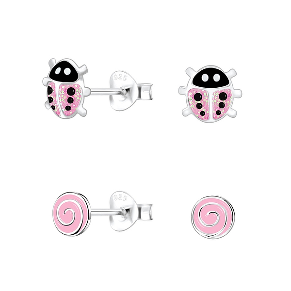 Wholesale Sterling Silver Pink Lovers Ear Studs Set - JD9974