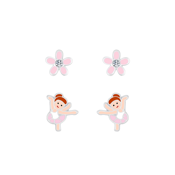 Wholesale Sterling Silver Ballerina and Flower Ear Studs Set - JD7621
