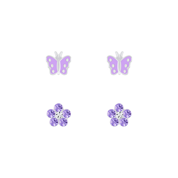 Wholesale Sterling Silver Butterfly and Flower Ear Studs Set - JD7633