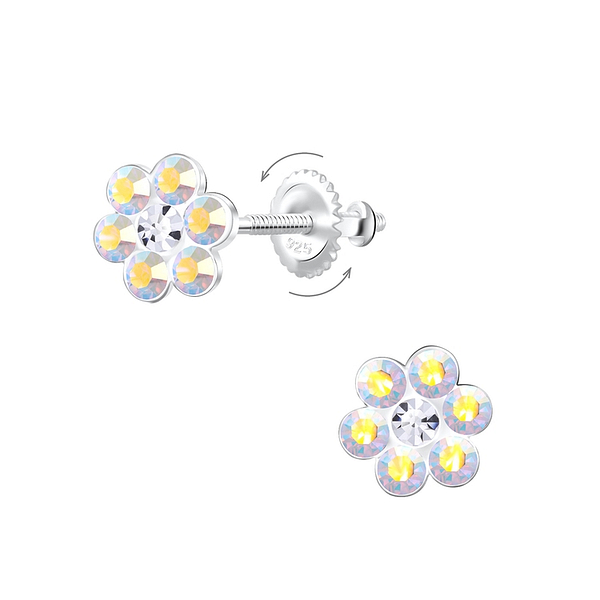 Wholesale Sterling Silver Flower Crystal Screw Back Ear Studs - JD10067