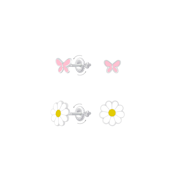 Wholesale Sterling Silver Butterfly and Flower Screw Back Ear Studs Set - JD8383