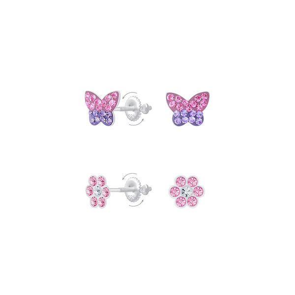 Wholesale Sterling Silver Butterfly and Flower Screw Back Ear Studs Set - JD8384