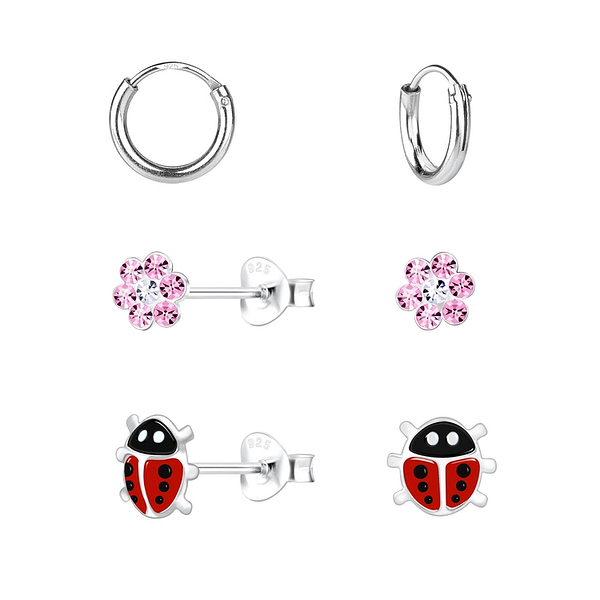 Wholesale Sterling Silver Flower and Ladybug Ear Studs Set - JD10019