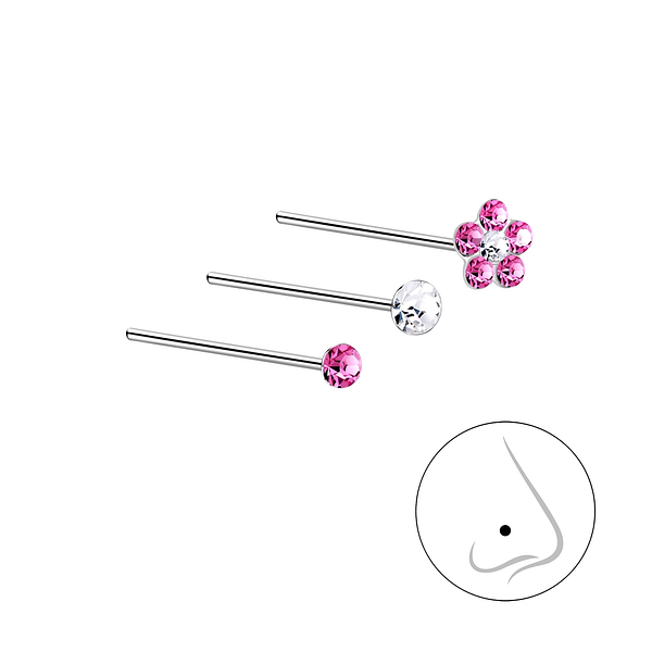 Wholesale Sterling Silver Flower Crystal Nose Stud Set - Pack of 3 - JD7500